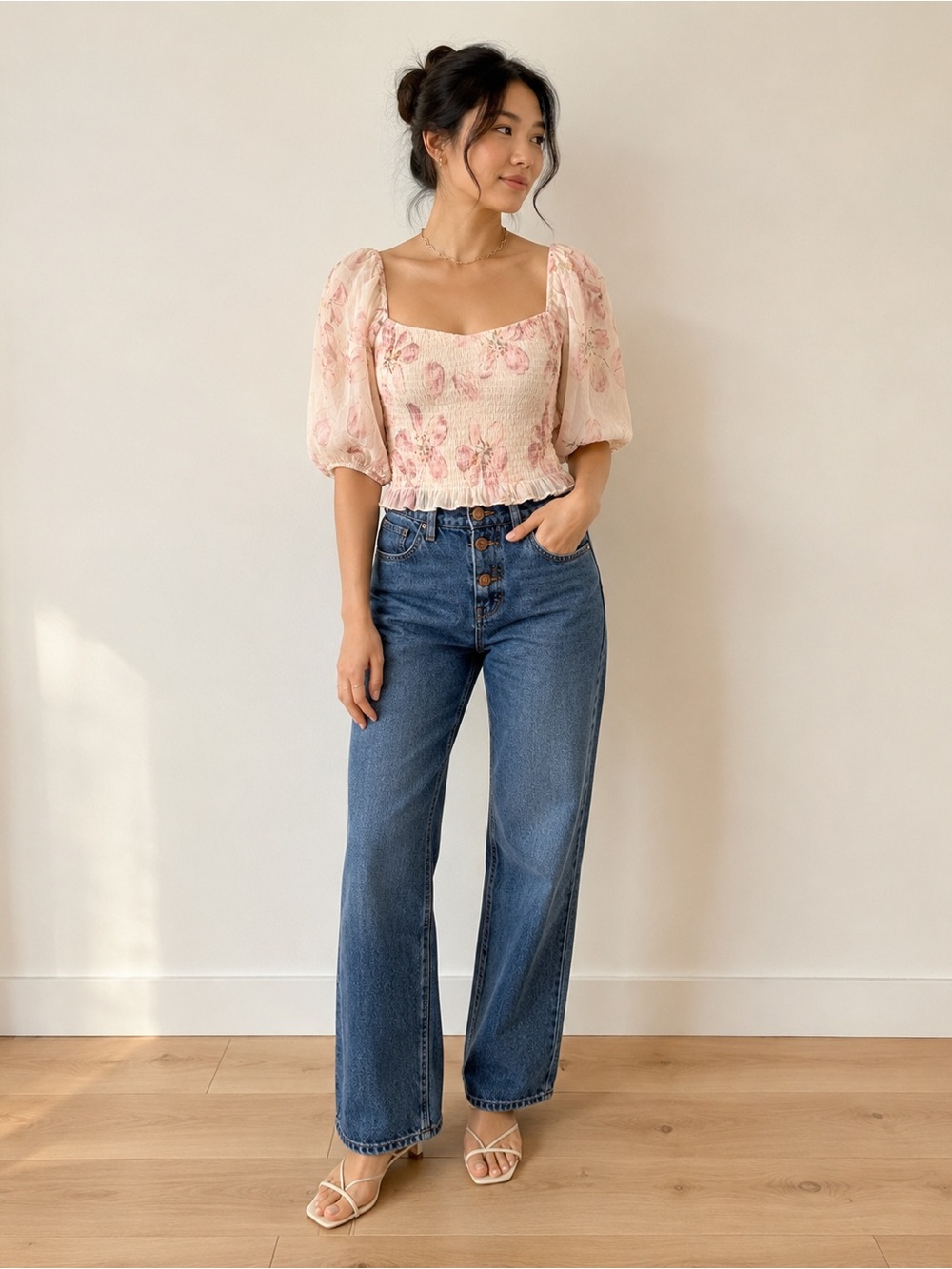 H&M Ivory Pink Floral Smocked Puff Sleeve Crop Top